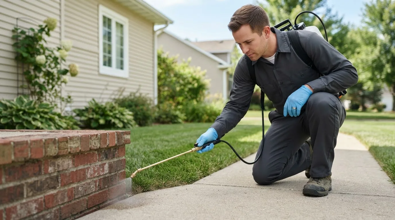 Pest control technician treating a home near Centerfield, UT